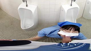 Picture of A shy female cleaning staff stares at her crotch in the men's restroom. When I was in a hurry because I got an erection and the zipper didn't close, she turned into a slut and gave me a nui. - 1